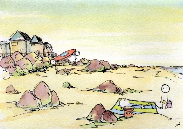 sable, serviette, farniente, canoé, rocher, bonhomme, illustration, seaux, sable