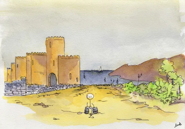 sable, retour, balade, dunes, seaux, chaleur, château, illustration, dessin, aquarelle, bonhomme