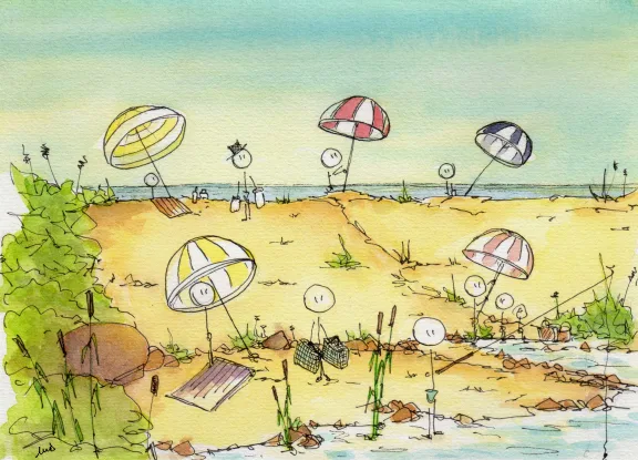 sable, dune, rivière, mer, parasols roseaux, serviettes, bonhommes, illustration, dessin, encre de chine, aquarelle