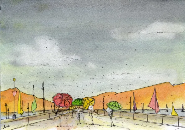 parapluie, pluie, vent, port, jetée, réunion entre amis, montagne, dessin, illustration, aquarelle