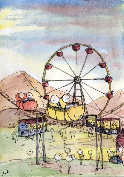 dessin, illustration, bonhomme,aquarelle, village, ville, fête, monde, montagnes russes, attractions