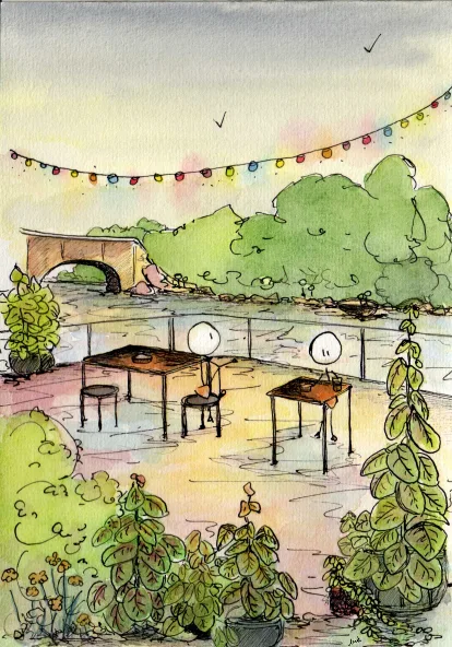 guinguette, guirlande, verre, apéritif, bords d'eau, rivière, soir, paisible, plantes., dessin, aquarelle