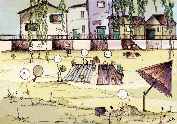 serviettes de plage, pic-nic, jeux de plage, sable , parasol, jetée, ville,, pelle et seau, passants, vacances, bonhommes, illustration., dessin, aquarelle