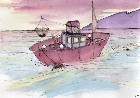 bateau, pêche, filet, retour de mer, marins, mer, vague, crépuscule, filets, illustrations, bonhomme, dessin, aquarelle