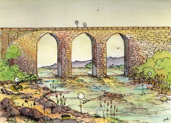 promenade, aqueduc, pêche, pêcheurs, roseaux, rivière, lueurs, cailloux, passants, illustration, bonhommes, dessins, aquarelle