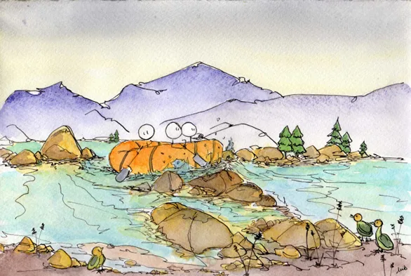 rafting, bateau, eaux-vives, rivière, canards, bonhommes, illustration, rochers, écume, courant. sapin, montagne, dessin, aquarelle