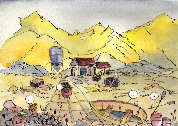 barques, travail, bonhomme, illustration, Islande, silo, rails, travail, pêche., dessin, aquarelle