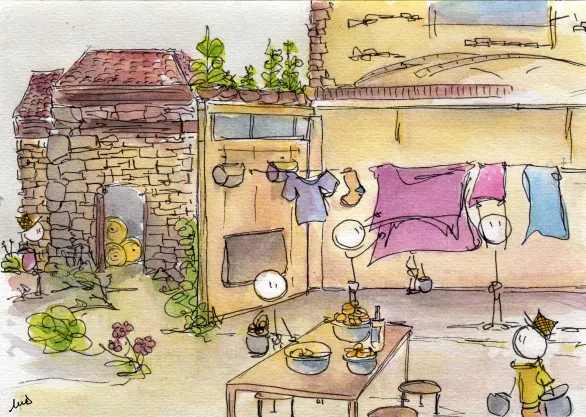 auarelle, bonhomme, campagne, art, dessin, scène de vie, linge, table, convivialité