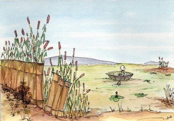étang, barque, pêche, roseaux, barrière, sable, nénuphars, bonhommes, dessin, aquarelle