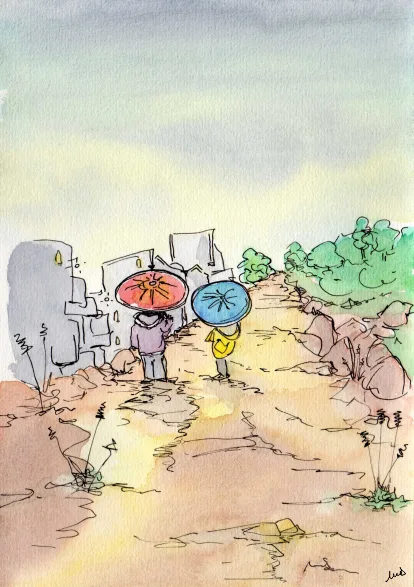bonhommes, illustration, parapluies, chemin, ville, nature, pluie, balade. dessin, aquarelle
