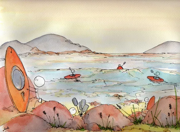 canoé, mer, vague, crépuscule, illustration, bonhomme, rocher, courant, dessin, aquarelle