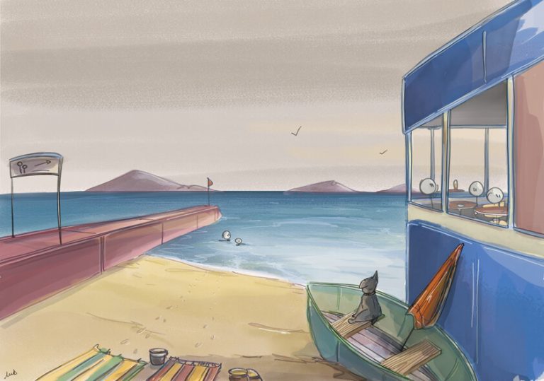 mer, océan, nage, bonhommes, chien, barques, restaurant, ponton, quai, serviettes de plage, plage, parasol, illustration