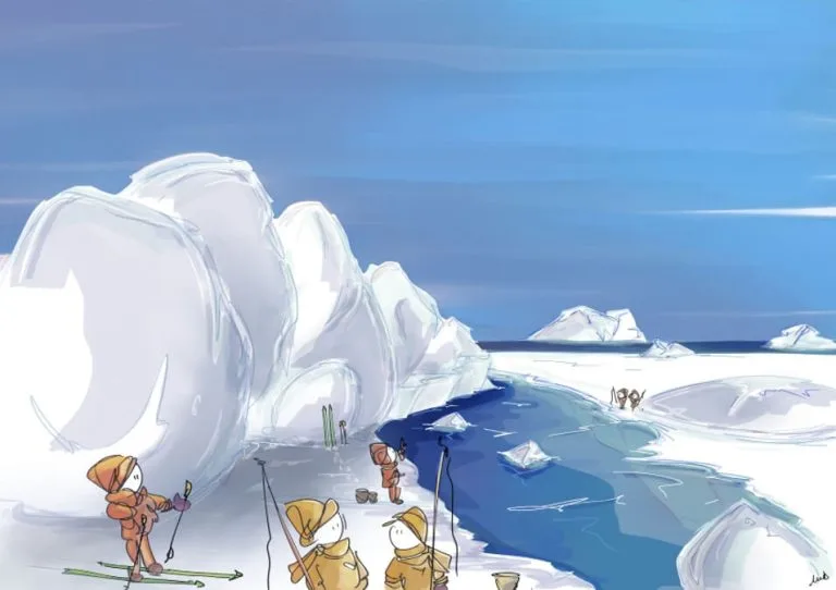 iceberg, glace, marins, inuits, groenland, mer, expédition, bonhomme, illustration, neige, rocher,, pêche, canne à pêche, découverte, ski, traineaux, art digital