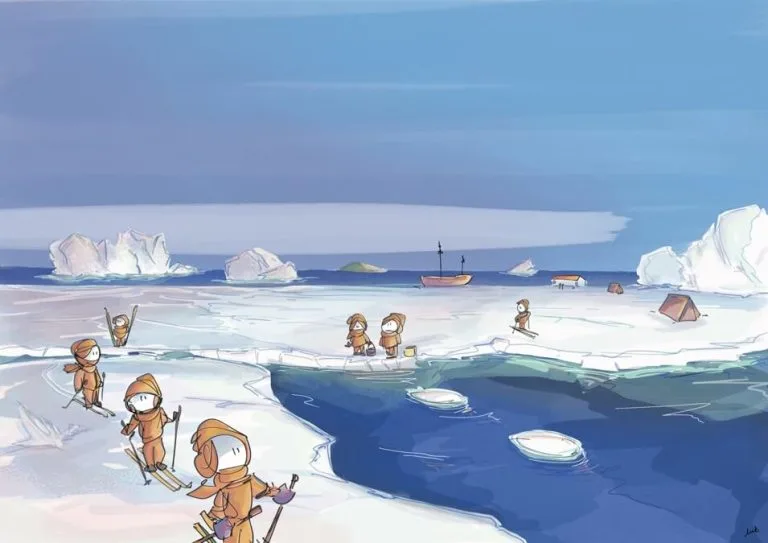 banquise, groenland, glace, expédition, ski, froid, arctique, polaire, bonhommes, marin, inuit, mer, découverte, iceberg, illustrations, art digital