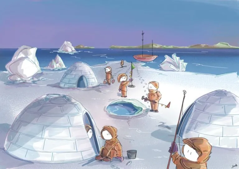 iceberg, glace, marins, inuits, groenland, mer, expédition, bonhomme, illustration, neige, rocher, découverte, ski, traineaux, art digital