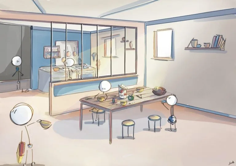 cuisine, bonhomme, illustration, petit déjeuner, déco moderne, matin, espace de vie, art digital, dessin