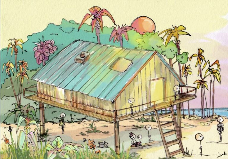 cabane, pilotis, sable, mer, bonhommes, illustrations, échelle, palmiers.