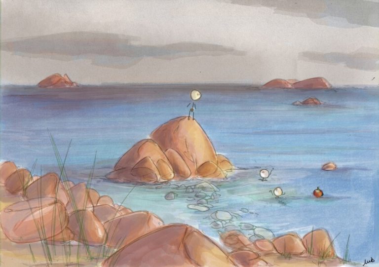 rocher, mer, océan, plongeon, bouées, bonhommes, illustrations, ballade en bord de mer.