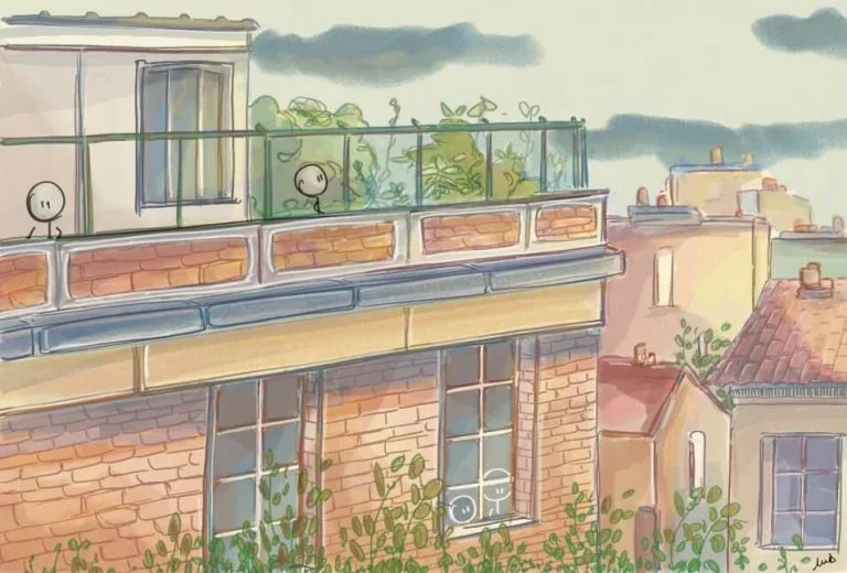 Ecole, paris, toits, briques, bonhomme, illustration, urbain