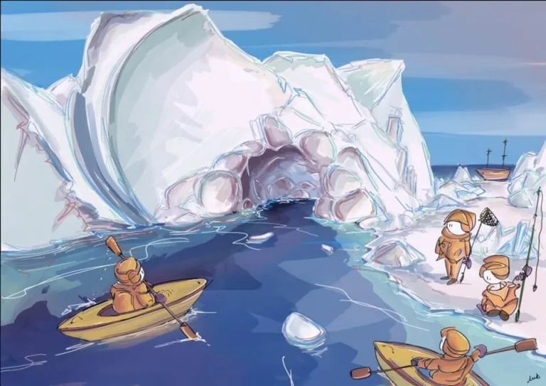 iceberg, glace, marins, inuits, groenland, mer, expédition, bonhomme, illustration, neige, rocher,, pêche, canne à pêche, découverte, ski, traineaux, art digital