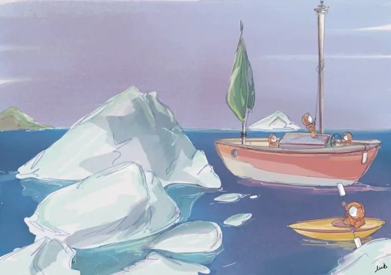 iceberg, glace, marins, inuits, groenland, mer, expédition, bonhomme, illustration, neige, rocher, découverte, ski, traineaux, art digital