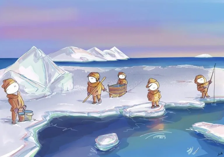 iceberg, glace, marins, inuits, groenland, mer, expédition, bonhomme, illustration, neige, rocher, découverte, ski, traineaux, art digital