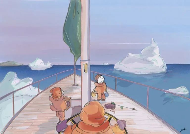 iceberg, bateau, banquise, expedition, illustration, dessin, art digital, mer, découverte, glace, bonhommes