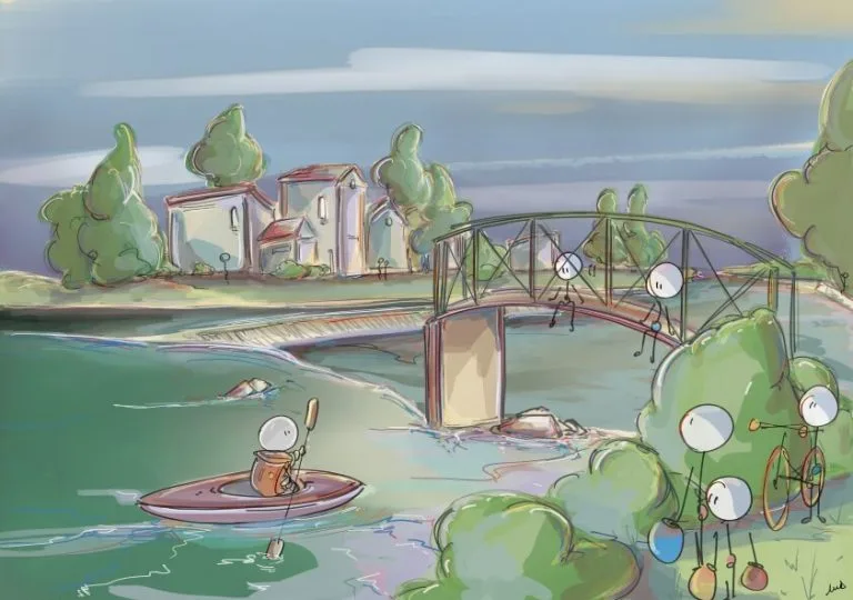 rivière, vallée du loing, kayac, eau-vive, village, illustration, bonhomme