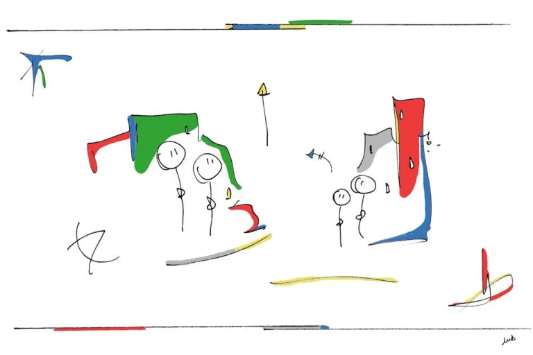 couleur, bonhomme, abstrait, flèches, cubes, illustration, dessin.