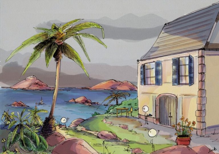 bretagne, Perros-Guirec, océan, îles, rochers, bonhommes, illustration,belles baraques, palmiers, pierres, jardin, illustration, bonhommes.