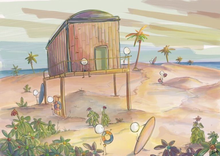 surf, sable, bungalow, tongs, bouées, mer, bonhommes, illustration, océan, plage, palmiers