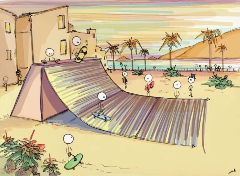 rampe, skate, palmiers, mer, bonhommes, urbain, soleil, illustration, art digital, dessin
