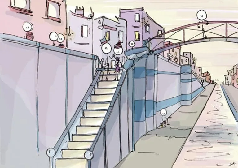 pont, bords de seine, bonhommes, immeubles, pavés. marches, escaliers, vie urbaine, ville, illustration, dessin, art digital.