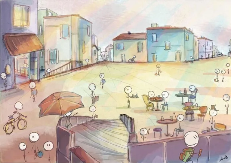 place, ville, café, escaliers, lieu de rencontre, terrasses, lieu de vie, apéritif, illustration, bonhommes.