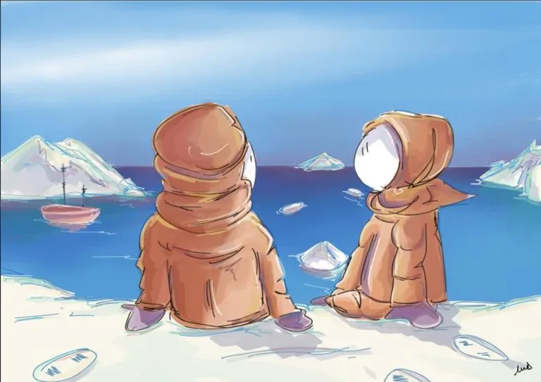 iceberg, glace, marins, inuits, groenland, mer, expédition, bonhomme, illustration, neige, rocher, découverte, art digital, discussion