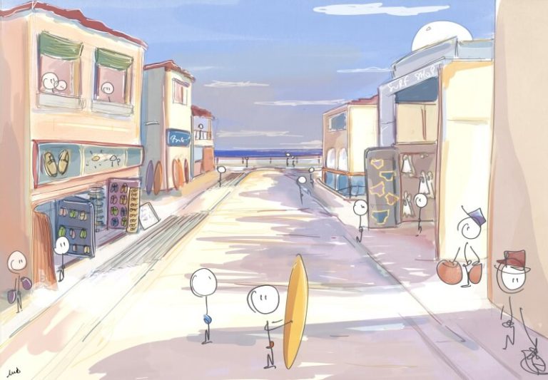 plage, ville côtière, surf, tongs, magasins de souvenirs, vendée, océan, maison, bonhommes, illustrations.