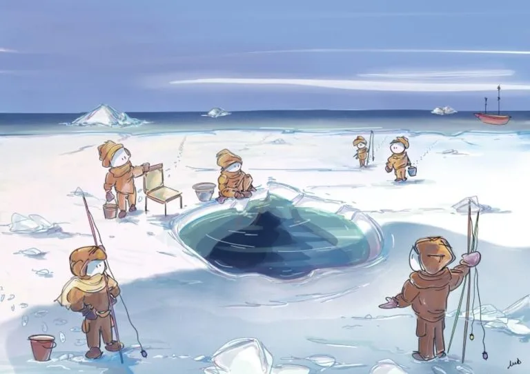 iceberg, glace, marins, inuits, groenland, mer, expédition, bonhomme, illustration, neige, rocher,, pêche, canne à pêche, découverte, ski, traineaux, art digital