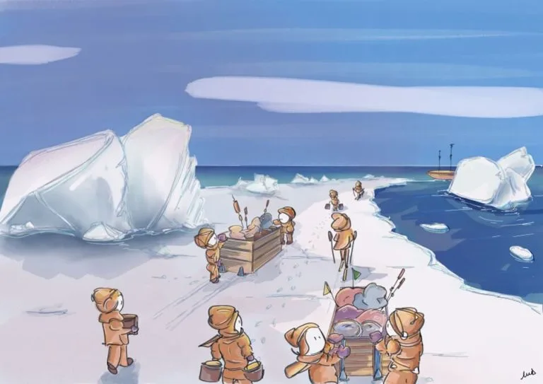 iceberg, glace, marins, inuits, groenland, mer, expédition, bonhomme, illustration, neige, rocher, découverte, ski, traineaux, art digital