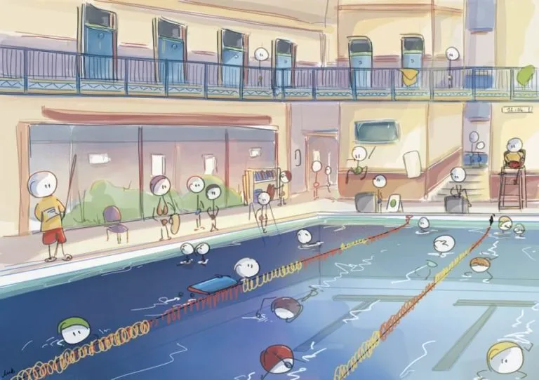 piscine, bassin, natation, nageurs, bonhommes, illustration, art digital, eau, bouée, maître-nageur, bonnet, échelle de bain, Paris