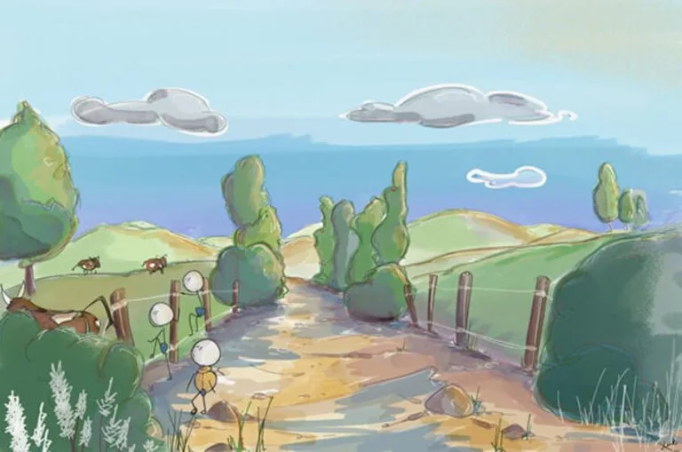 sentiers, vache, caillou, poussière, chemin, bonhomme, illustration, auvergne, puy de dôme, ciel