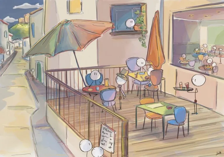pizza, bonhommes, illustration, dessin, art digital, vendée, Talmont-saint-hilaire, mer, restaurant, rue