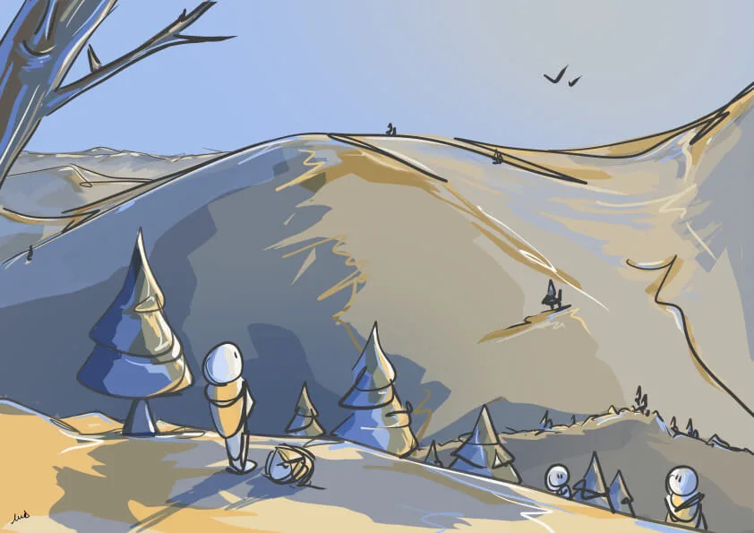 randonnée, ascension, montée, point de vue, montagne, lumières, bonhomme, illustration, dessin