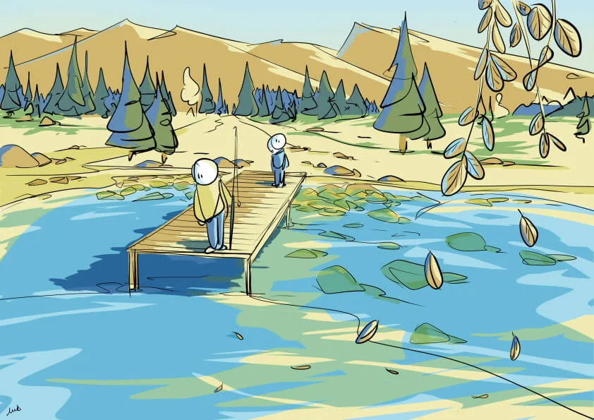 pêche, nature, ponton, calme, sapin, forêt, lac, bonhommes, illustration, dessin