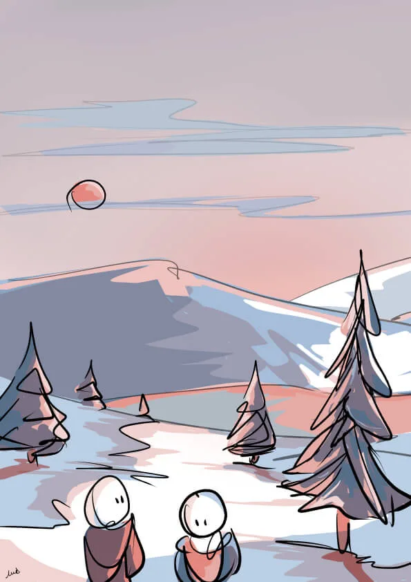 neige, balade, calme, hiver, sapin, soleil rose, lumières, bonhommes, illustration, dessin