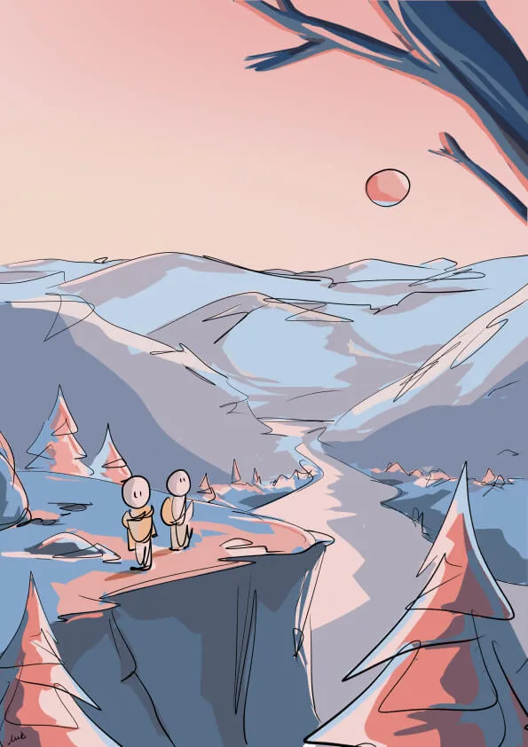 montagne, ascension, calme, silence, point de vue, lumières roses, bonhomme, illustration, dessin, balade, sentiers